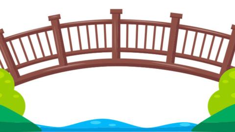 Illustrated arched wooden bridge over a river.