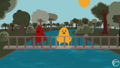 Two animated characters on a footbridge over a river in wooded area.